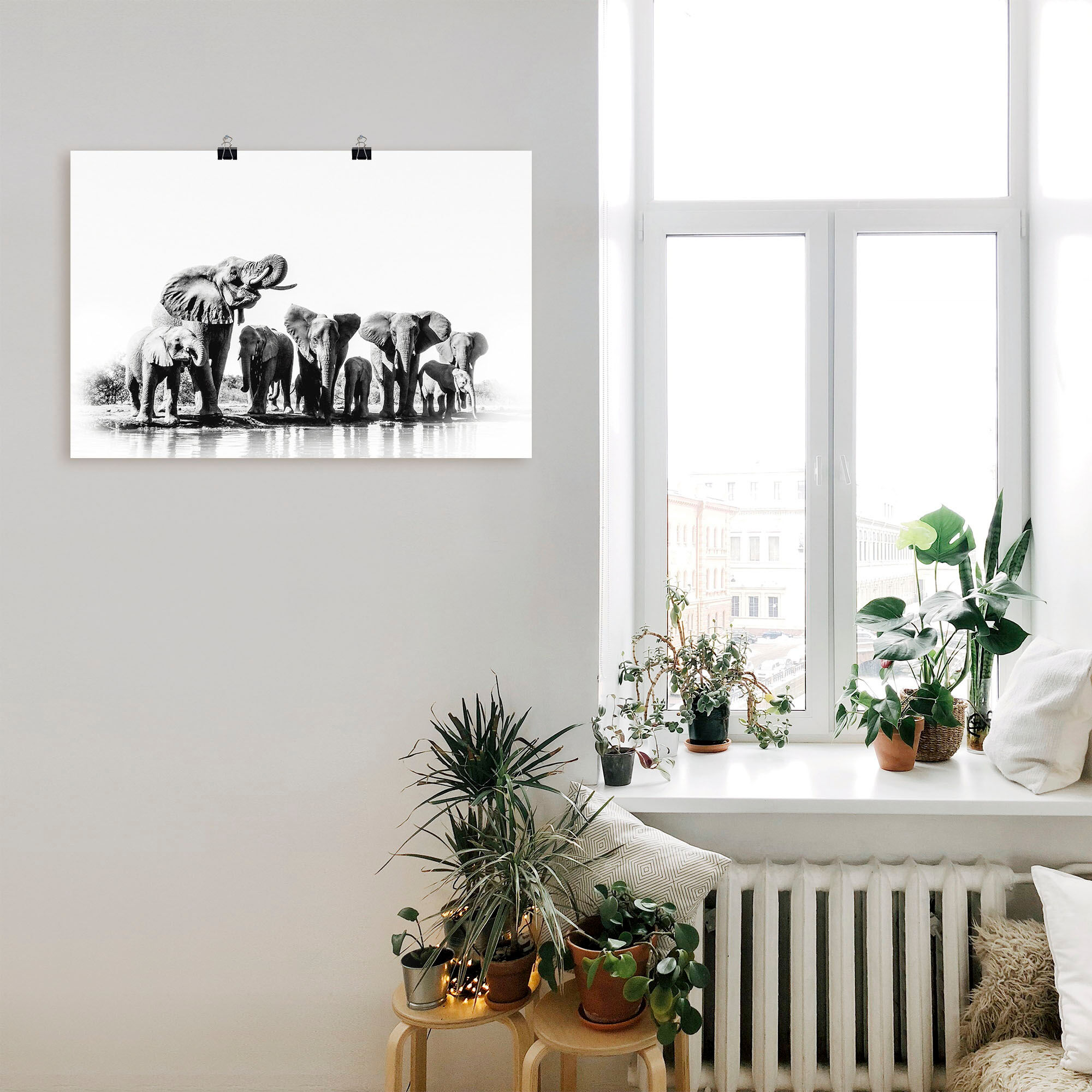 Poster ARTLAND "Elefanten am Wasserloch", schwarz (farbe bild(er): schwarz), B:30cm H:20cm, Bilder, Poster, ohne Rahmen farbe bild(er): schwarz B/H/T: 30cm x 20cm, Poster Elefanten Bilder Querformat, 1 Stk.