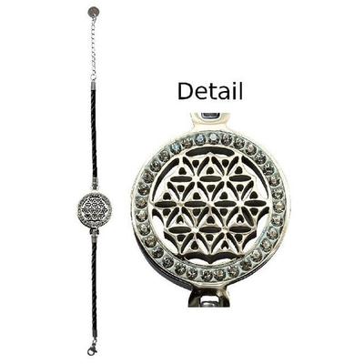 Armband 'Blume des Lebens' Leder schwarz, Edelstahl mit Zirkonia