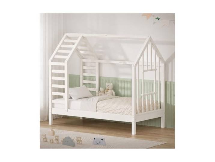 Easy Act Hausbett 70 x 140 cm mit 10 cm Matratze & Lattenrost, Weiß Komplettset: Hausbett aus massivem Kiefernholz mit 10 cm Matratze, Lattenrost, Dach & Fenster 70 x 140 cm Weiß