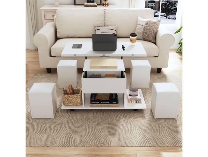 Table basse relevable extensible blanche avec 4 chaises table basse multifonction transformable en table à manger sur roulettes