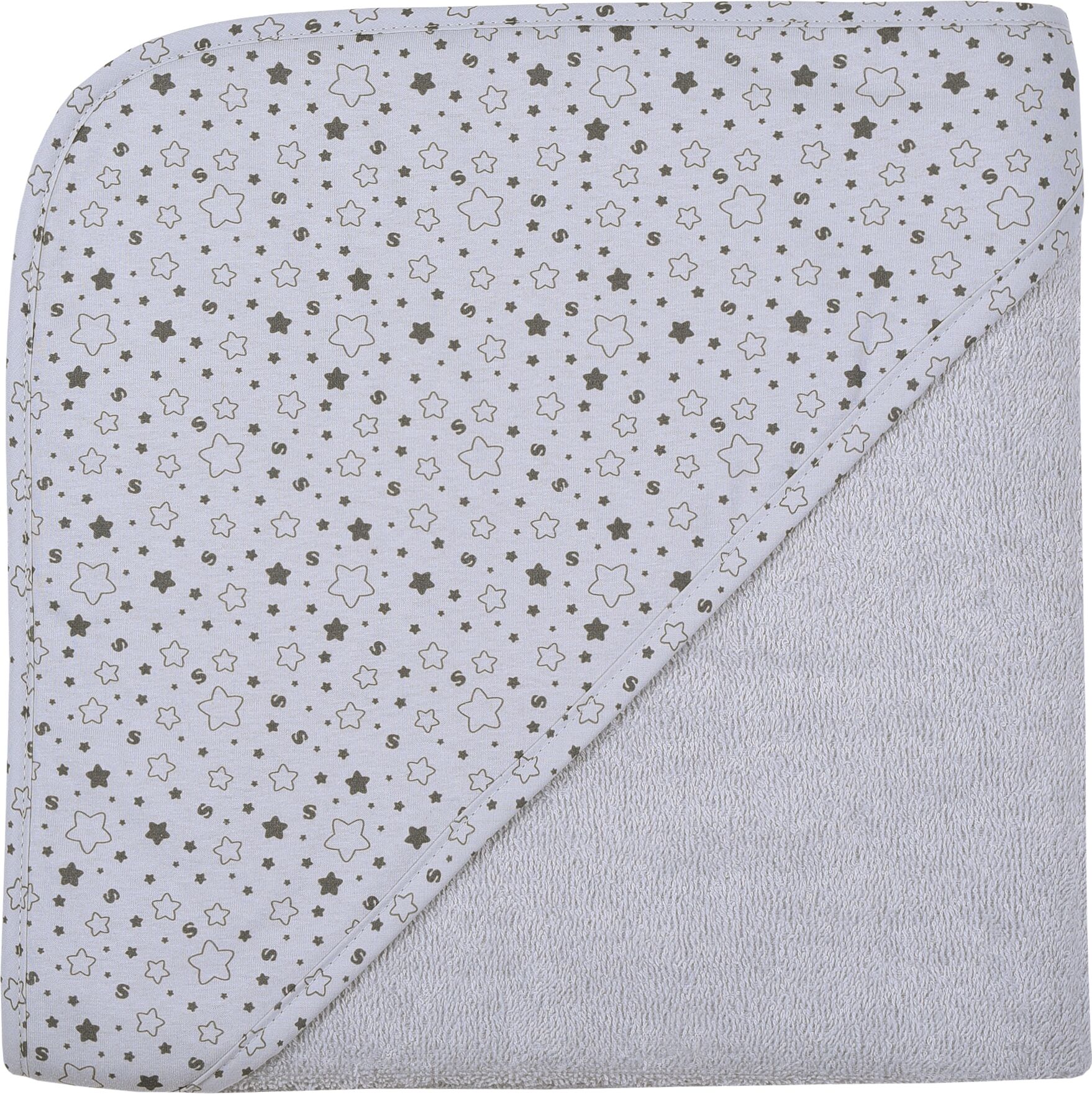 Kapuzenhandtuch WÖRNER "Sterne hellgrau Kapuzenbadetuch 100/100", grau (hellgrau), B:100cm L:100cm, Frottee, Frottier, Handtücher, Kapuzenhandtuch, obere Lage der Kapuze aus bedrucktem Single-Jersey hellgrau B/L: 100cmx100cm, 1 Stk., Frottee