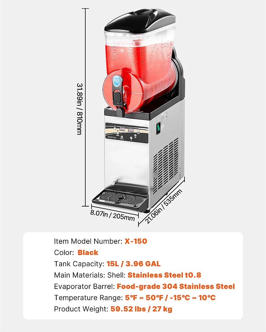 Máquina de Granito SucceBuy, Depósito Único de 15 L, Acero Inoxidable, Distribuidor de Bebidas Heladas, para Hogar, Restaurantes, Cafés, Bares