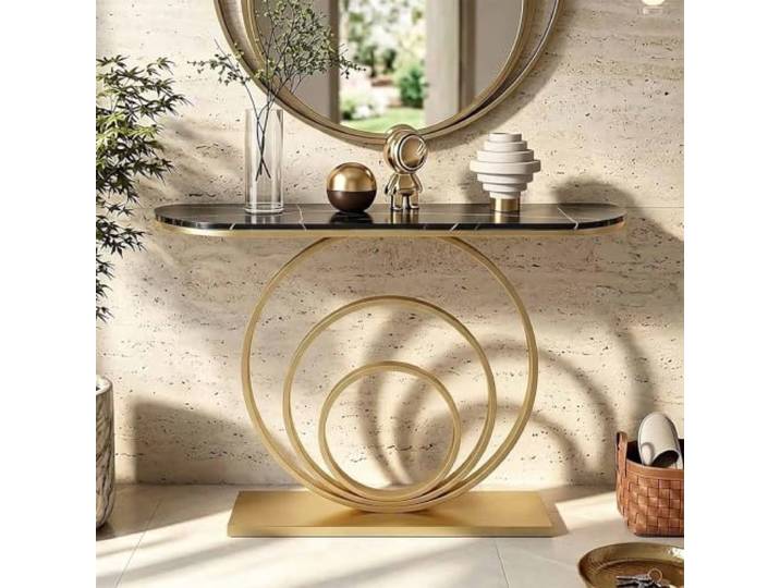 Konsolentisch Schmal mit Sintersteinplatte und Rundem Metallgestell Konsolentisch mit Sintersteinplatte, modernem runden Metallgestell mit Drei-Ring-Design und platzsparendem Design für Flur
