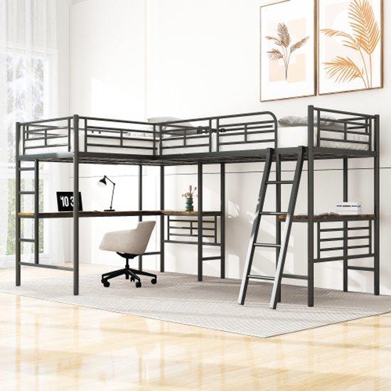 Doppelbett 90*200cm, zwei Lattenbäder, Tisch unter dem Bett, doppelte Treppe, hohe Lehne, schwarz
