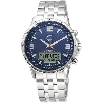 Funk-Multifunktionsuhr ETT "Professional WorldTimer", silber (silberfarben, blau, blau), Armbanduhren, Herren, silberfarben, Armbanduhr, Herrenuhr, Stoppfunktion, Datum, Solar, Edelstahlarmband