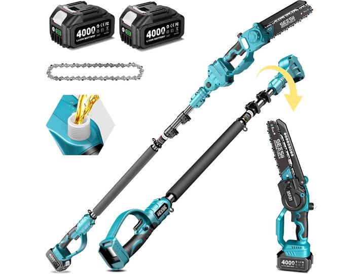 Scie à perches SEESII, scie à branches haute portée sans fil, tronçonneuse électrique 8'' avec perche d'extension de 3 m pour l'élagage des arbres, coupe-branches, sécateur