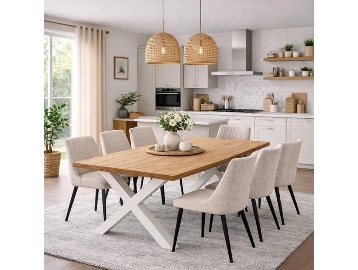 Wildeiche Familien-Esstisch gerade Kante 220x100cm - X-Metallgestell Weiß