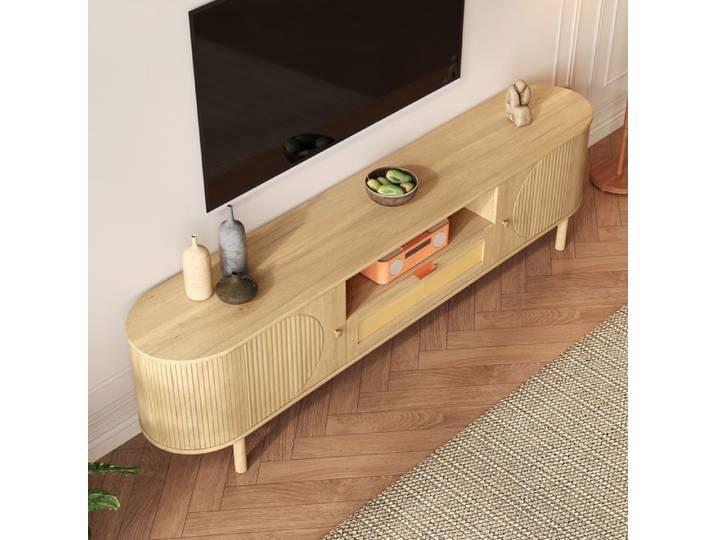 Meuble TV en Bois Clair 175 cm avec Tiroir en Rotin – Design Scandinave Arrondi et Pieds Métalliques - MERAX