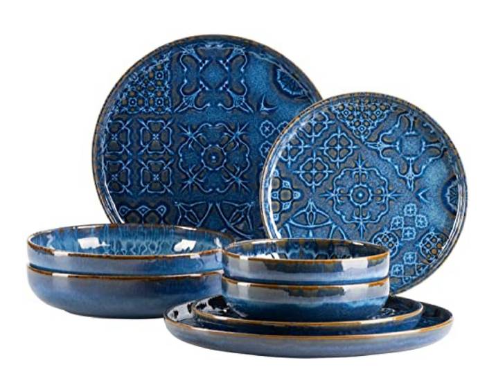 MÄSER 934063 Serie Tiles Modernes Vintage Geschirr Set für 2 Personen in maurischem Design, 8-teiliges Tafelservice mit Tellern und Schalen aus hochwertiger Keramik, Steinzeug, Blau