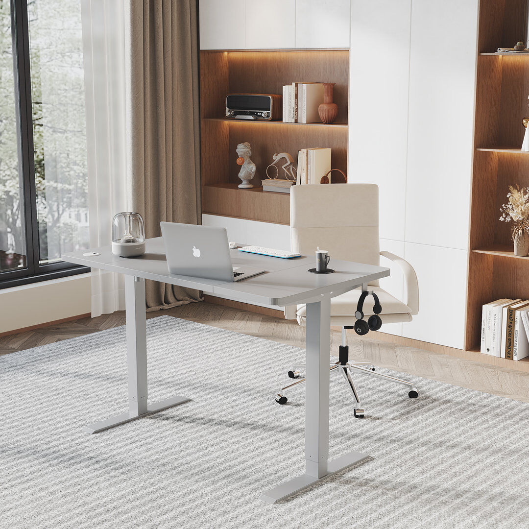 Zipcode Design Hieronymus Electric Adjustable T-Shape Standing Desk Home Desk With Backpack Hook And Memory Smart Pannel Grey 160cm W x 70cm D