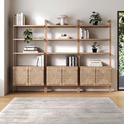 Nathan James Beacon 3-Shelf Bookcase with Seagrass Cabinet, Solid Wood Bookshelf with Storage with Solid Wood Frame