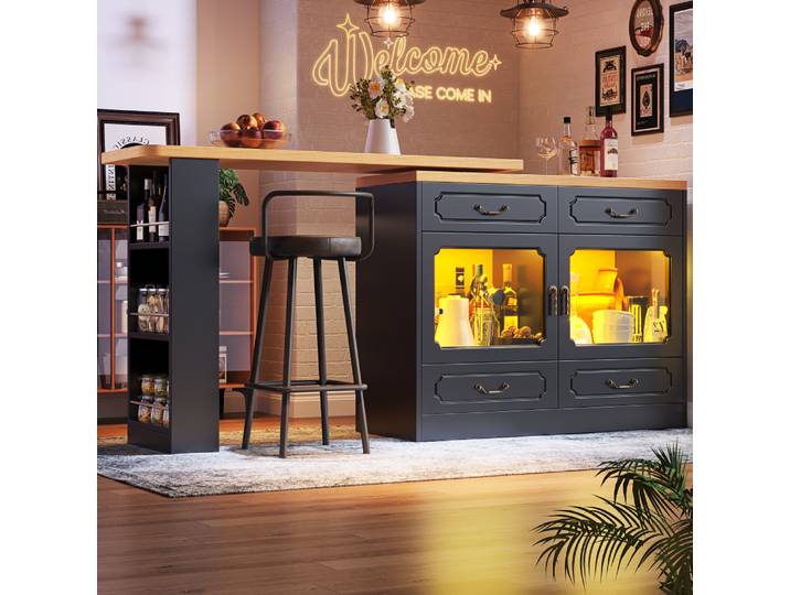 Table de bar moderne extractible télescopique 135-203 × 39 × 92,8 cm 360 ° Giroir, avec lumières LED et compartiment de rangement, salle à manger