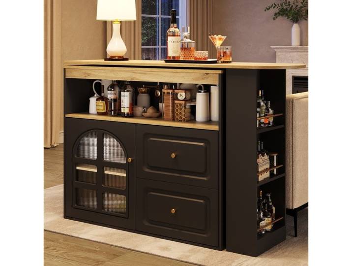 ROVRYN Îlot de cuisine rotatif 360° extensible 138-204 cm MDF noir portes vitrées arquées 2 tiroirs