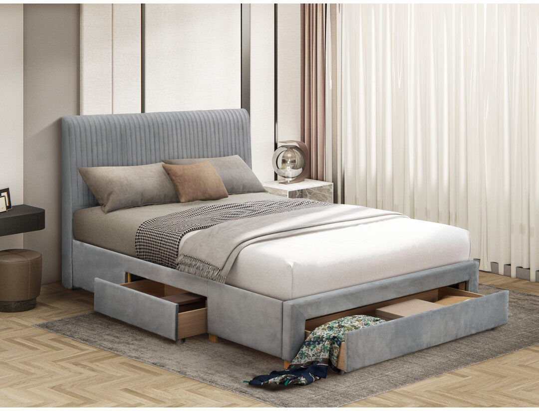 Latitude Run Upholstered Drawers Bed Frame Grey Double (4'6)