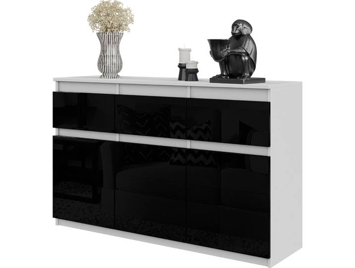 FURNICA - NOAH - Commode / Sideboard avec 3 tiroirs et 3 portes - Blanc Mat / Noir Gloss H75cm L120cm P35cm