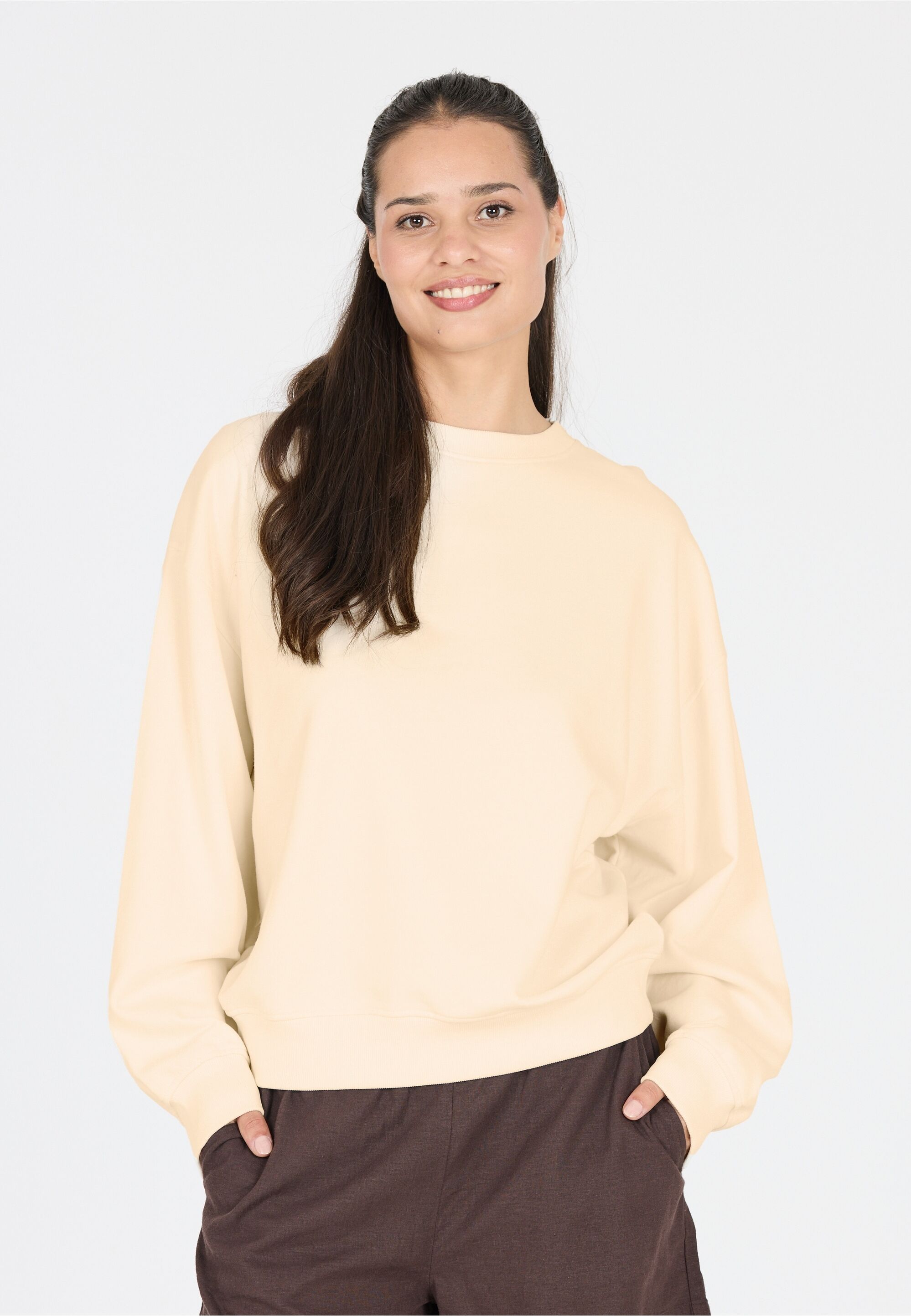 Sweatshirt ATHLECIA "Cabell", Damen, Gr. 38, beige, 100% Baumwolle, bedruckt, lang, Rundhals, Sweatshirts Sweatshirt, mit superweichem Tragegefühl