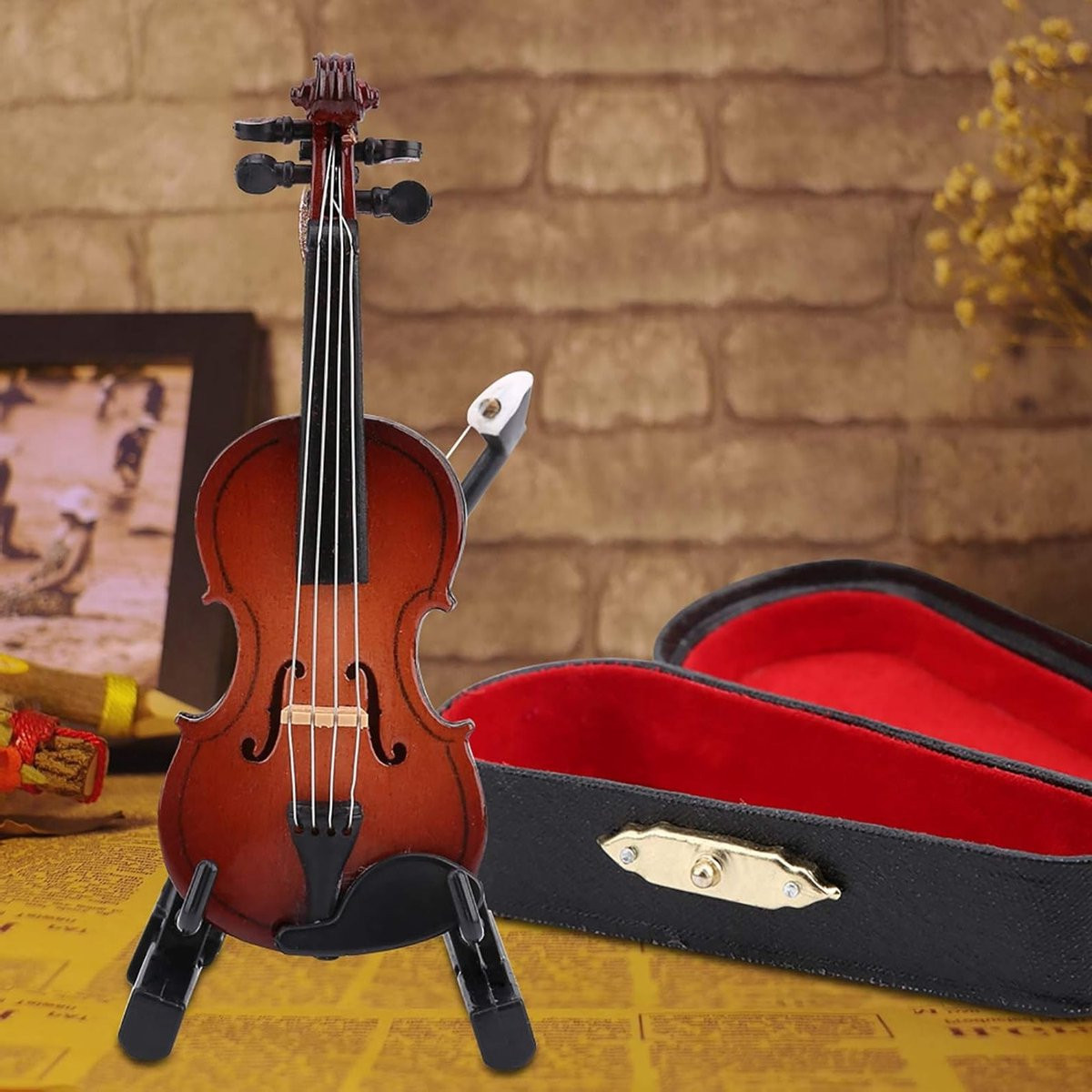 Miniatuur Houten Viool met Stand en Strijkstok - Decoratief Muzikaal Accessoire voor op Tafel