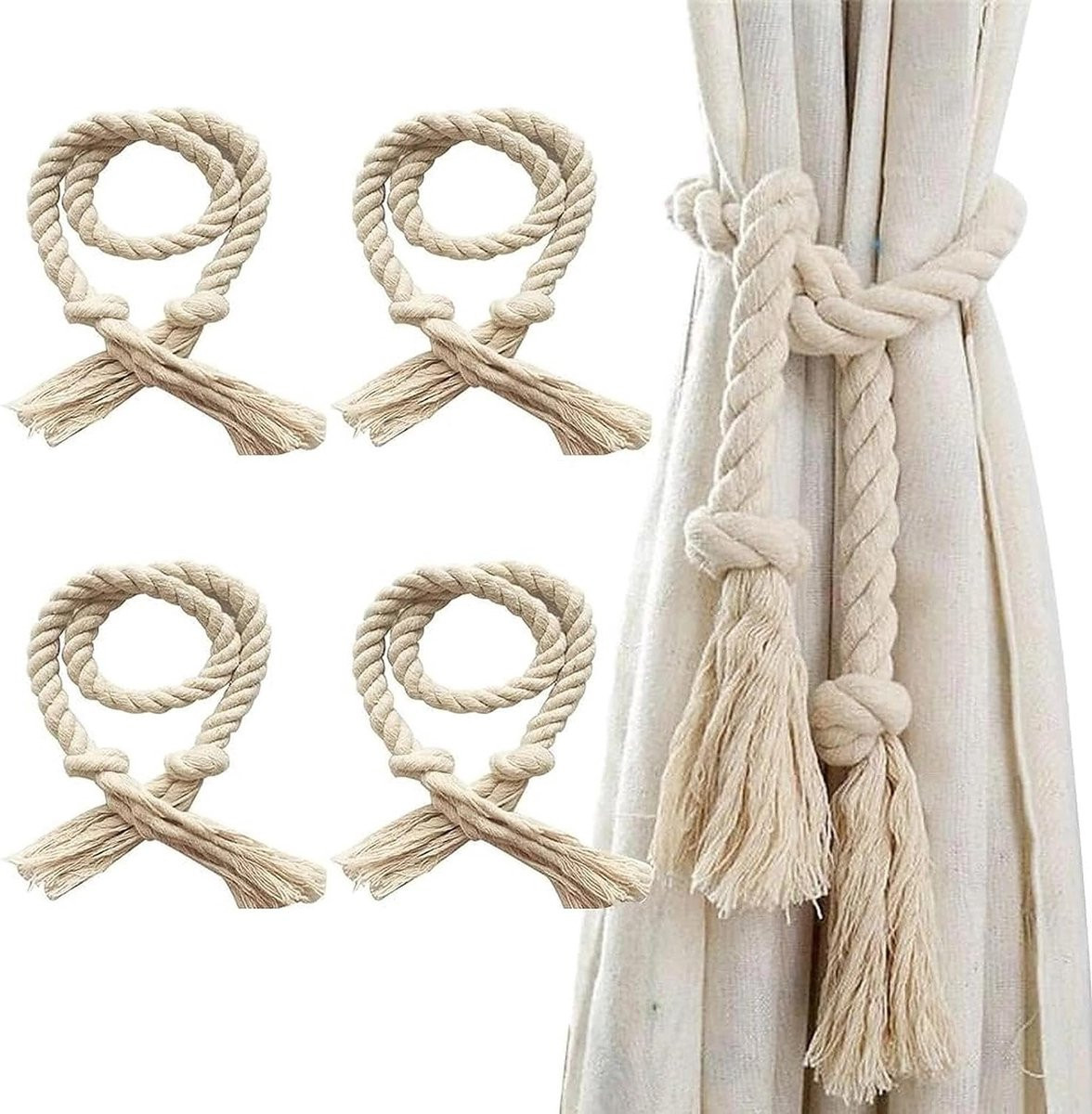 Boho Gordijn Tiebacks - 4 stuks grijze katoenen gordijnbanden van 100 cm - Handgeweven decoratie voor thuis en kantoor