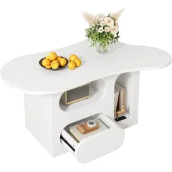 OKWISH Wolkenförmiger Couchtisch mit Schubladen und Ablagefach, moderner Wohnzimmertisch, kleiner Stauraum, robust, kompakt 97x45x43 cm Weiß
