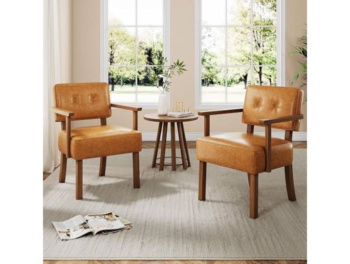 GarveeMore 2er Set Mid-Century Akzentstühle - PU-Leder Sessel mit Armlehnen - Holzrahmen stabil - Braun, für Wohnzimmer