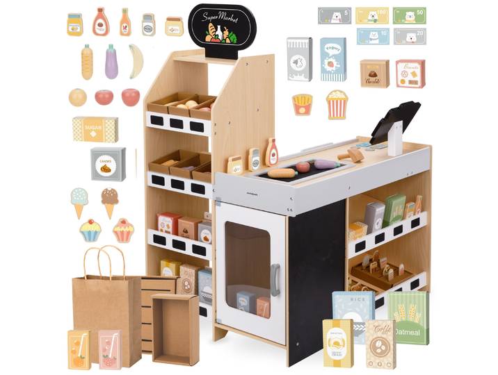 Mamabrum, grand kiosque de bois pour magasin de nourriture avec caisse enregistreuse, ensemble XXL, jouet éducatif pour enfants, méthode Montessori, 3 ans et plus.