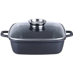Kopf Bräter Santorin (Aluguss, 3,8 Liter, inkl. Glasdeckel mit Aromaknopf, Induktion) schwarz, Pfanne + Kochtopf, Schwarz