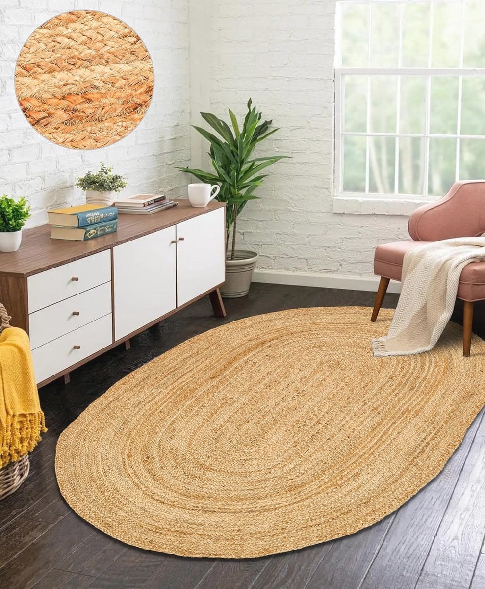 Handgeweven ovaal jute vloerkleed in vintage boho stijl