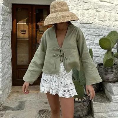 Uplifted Finds Loose Lace Up Bow V Neck Flare Sleeve Women Blouse l green