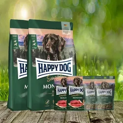 2 x 10 kg Happy Dog Aktionspaket Sensible Montana + Dosen pur und Leckerli