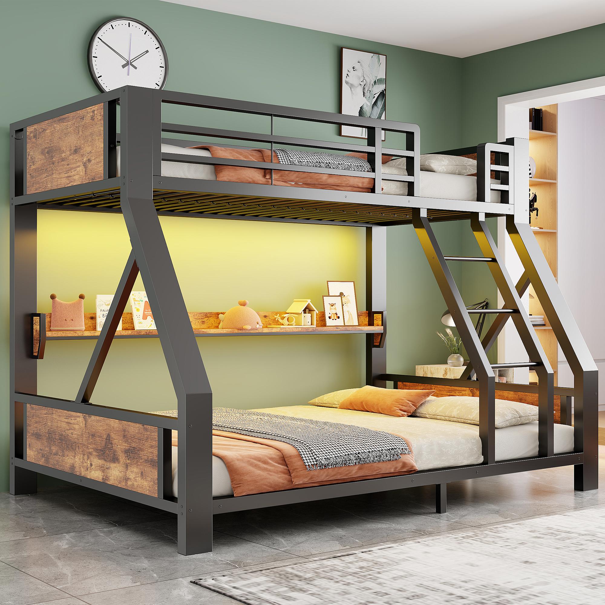 Merax Metall-Etagenbett 90×200cm und 140×200cm mit LED, Kinderbett mit Ablagefach, Eisen-Holz-Gestell, Einzelbett oben, Doppelbett unten, Schwarz