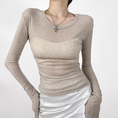 Daily Discovery Sheer Elegance Semi Sheer Long Sleeve Top For Women Crew Neck Fitted Long Sleeve Shirt khaki l