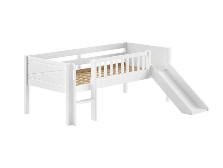 58 aufm Kessel Kinderbett Spielbett mit Rutsche 90x200 Karyl Massivholz Kiefer weiß mit Stauraum (inkl. Versand, Lieferung bis Verwendungsstelle), Kojen-Spielbett mit integrierter Rutsche für Spiel und Schlaf