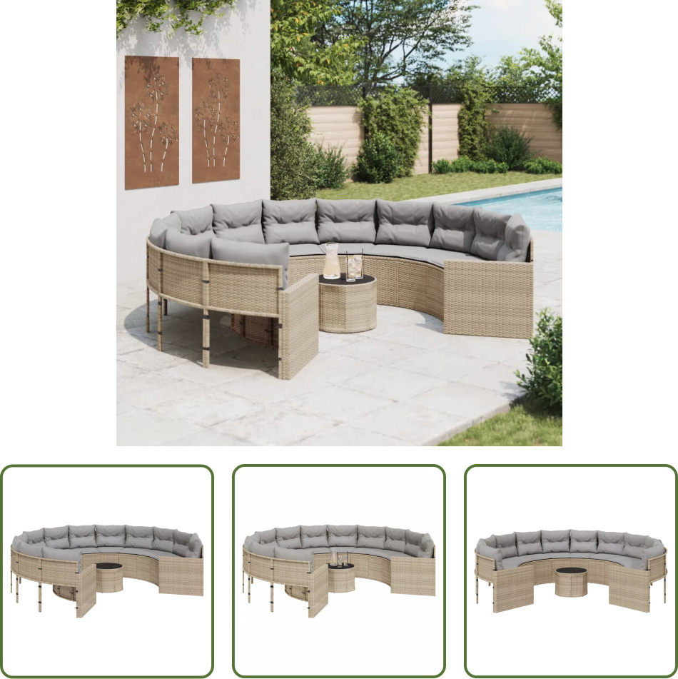 The Living Store Gartensofa mit Tisch und Kissen Rund Beige Poly-Rattan