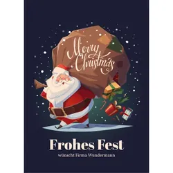 Geschäftliche Weinetiketten zu Weihnachten im Design "Santa mit Geschenken" individuell gestalten
