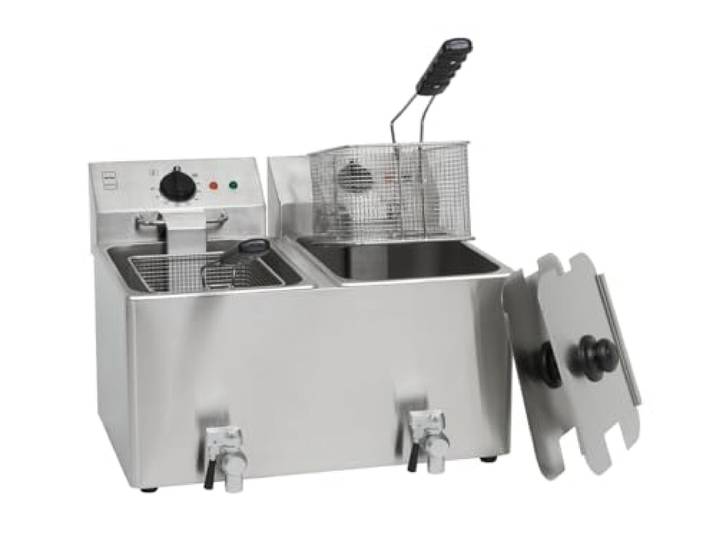 METRO Professional Elektrische Fritteuse GDF3028, Doppelkammer, Edelstahl Fritteuse, 2 x 8 Liter, 2 x 3250 W, schnelle Erhitzung, mit Deckel, Sicherheitsthermostat, Kaltzone, rutschfeste Füße