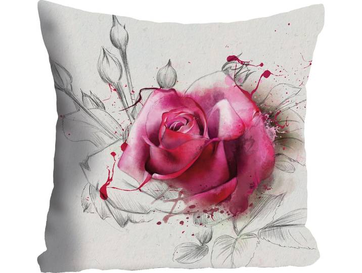 Dekokissen QUEENCE Rosenblüte , pink (weiß, hellrosa, hellpink, rosa, geblümt), B:40cm L:40cm, Polyester, Dekokissen_Sitzkissen_Kissenhüllen, Dekokissen, Kissenhülle ohne Füllung, 1 Stück