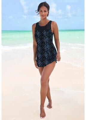 Plus Size Women's Mesh-Trim Swim Dress by Swim 365 in Water Droplet (Size 14) Swimsuit