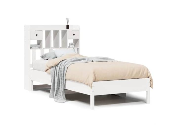 PUGYNBK Bett mit Regal, Massivholz, weiß, 75 x 190 cm Lattenrost im Lieferumfang enthalten, Aufbewahrung im Kopfteil, platzsparend, Struktur aus Kiefernholz