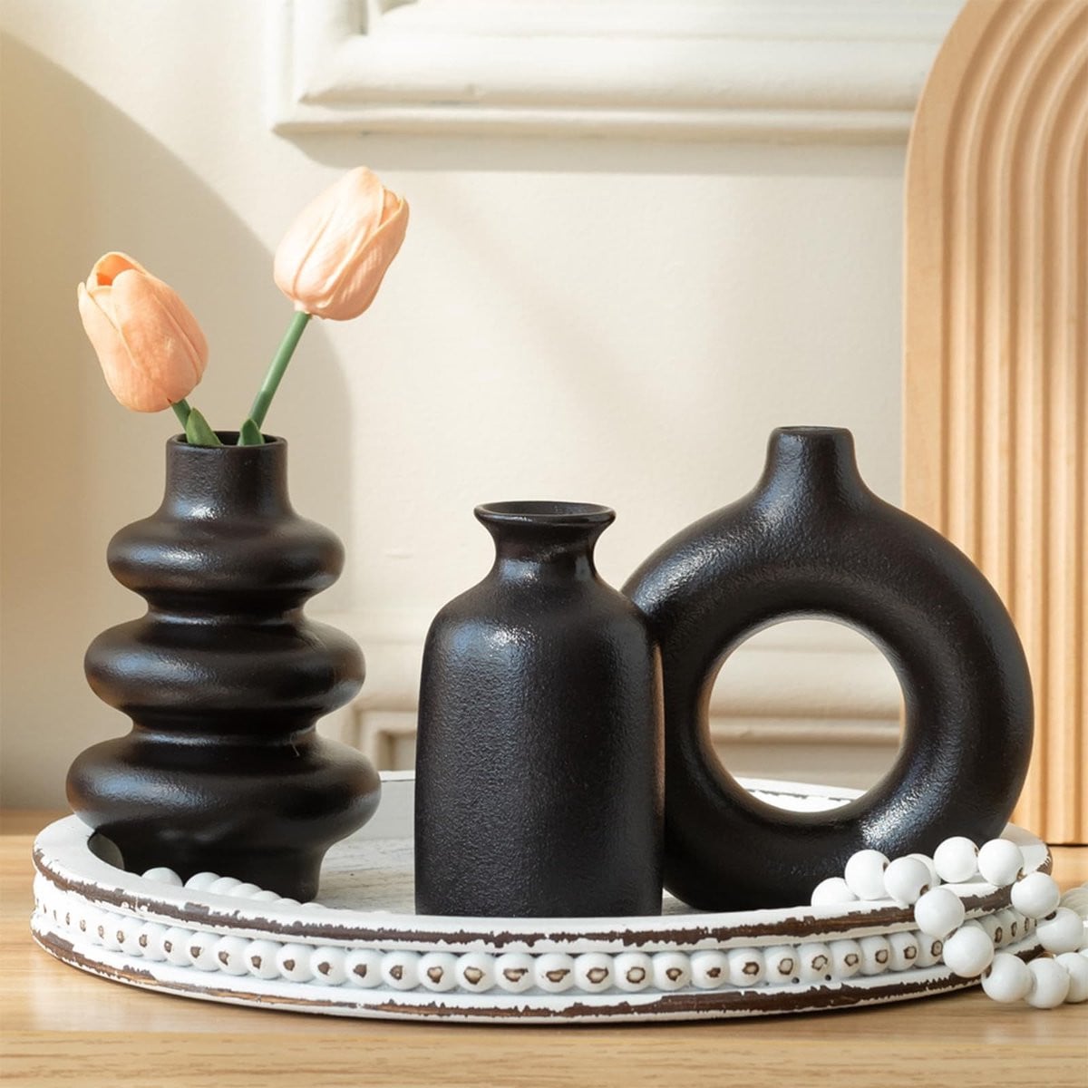 Merkloze set van 3 zwarte keramische decoratieve vazen voor moderne decoratie