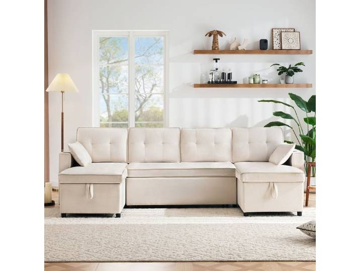 Canapé-lit - KOMHTOM - Canapé-lit en U - Tissu coton-lin - Rangements et porte-gobelets - Beige 4 places