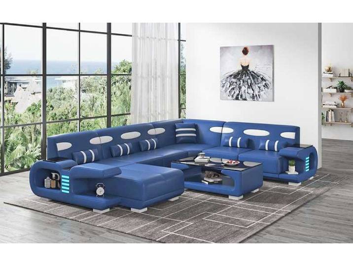 Xlmoebel Wohnlandschaft Blaues Ledersofa in U-Form für gemütliche Stunden, Variante A, Hergestellt in Europa