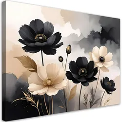 WANDBILD, Schwarze und cremefarbene Blumen in einer modernen Komposition