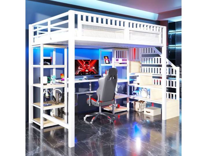 Lit mezzanine 140x200 cm cadre métal bureau LED USB