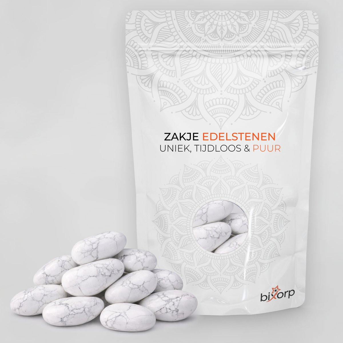 Bixorp Zak met Trommelstenen Howliet - 200g - 100% Natuurlijke Howliet Edelsteen Knuffelsteen