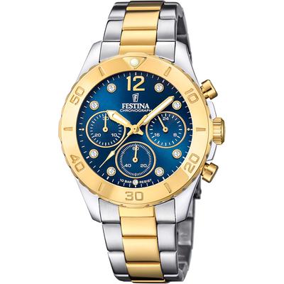 Chronograph FESTINA "Boyfriend Collection", silber (silberfarben, goldfarben, blau), Armbanduhren, Damen, silberfarben-goldfarben, Chronograph, Armbanduhr, Quarzuhr, Damenuhr, Stoppfunktion, Edelstahlarmband