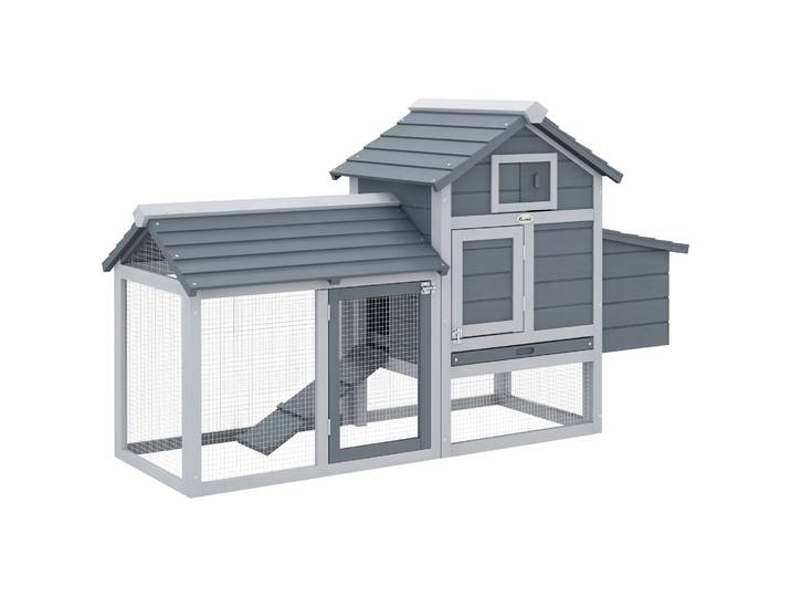 PawHut Kippenhok, met Buitenren Legnest en Uitschuifbare Bodemlade, Opklapbaar legnest, met schuifraam, 150,5x54x87 cm, Natuurhout, Grijs Aosom.nl