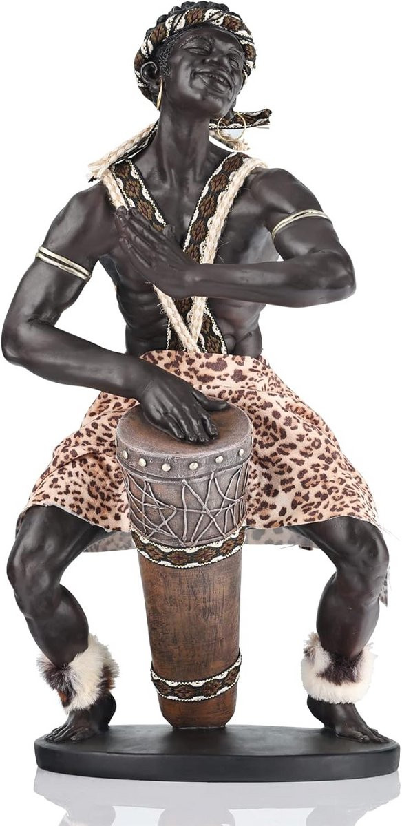 Afrikaans drumspeler beeldje met luipaardprint - Handgesneden hars decoratie - Hoogte: 15 cm