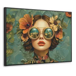 LEINWAND Bilder mit Rahmen - Frau - Blumen - Schmetterlinge - Natur - Vintage - 100x70