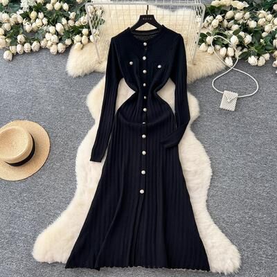 Women Boutique Luxury Office Lady Fashion Aesthetic Patchwork Knitted Maxi Dress Autumn Winter Sweater Shirt Dress black one Size