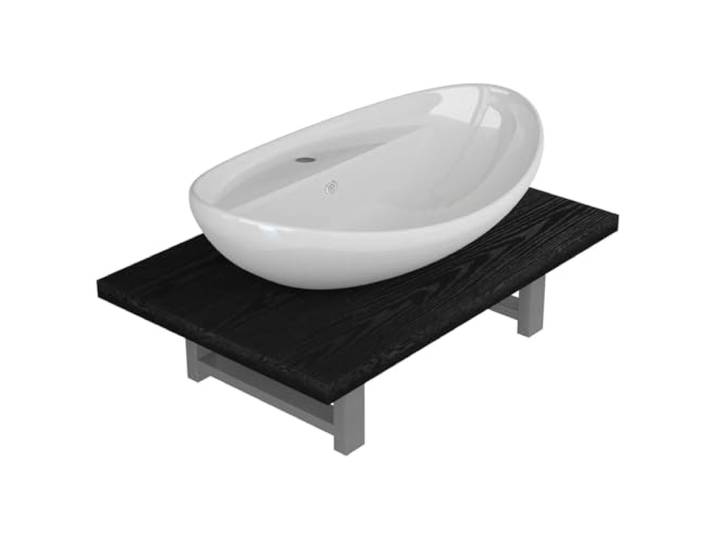 Fisinber 2-tlg. Badmöbel-Set Wandregal Schwarz mit Keramik Waschbecken Platzsparende Kombination aus Metall-Holz-Wandkonsole und Keramik-Aufsatzwaschbecken für Badezimmer und Gästebad.